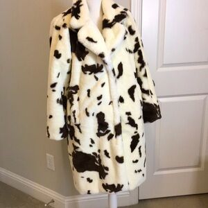 Fun & Fluffy Cozy Cow Print Animal Print Faux Fur Winter Coat in Cream w Brown
